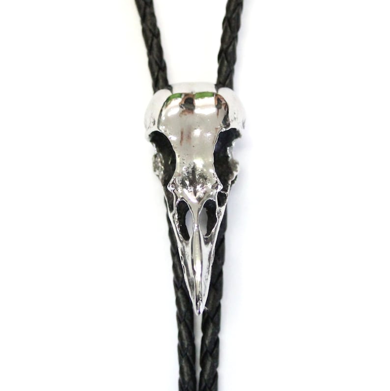 Silver Crow Bird Skull Bolo Tie Solid Cast Stainless Steel on Hand Braided Tie Unisex Suit Accessory Unique Gift for Him or Her image 4