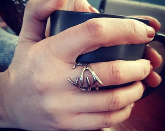 Bronze Deer Antler Ring, Rustic Woodland Nature Jewelry, Adjustable Animal Band