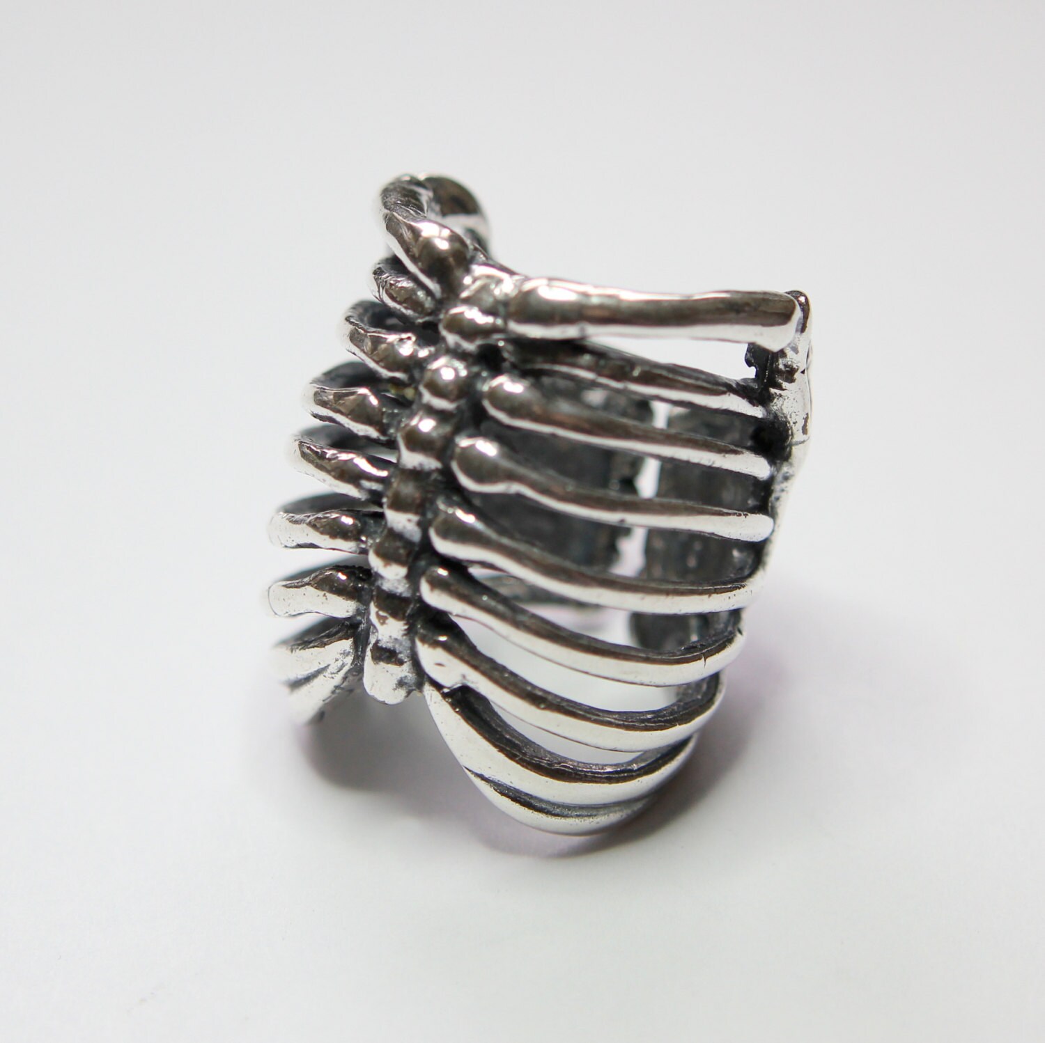 Human Rib Cage Skeleton Bone Ring - Solid Hand Cast Silver Plated Whi…