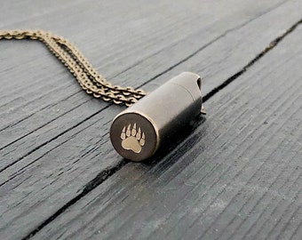 Bear Paw Print Cremation Ash Urn Necklace - Solid Brass - Custom Engraved Personalized Grizzly Track