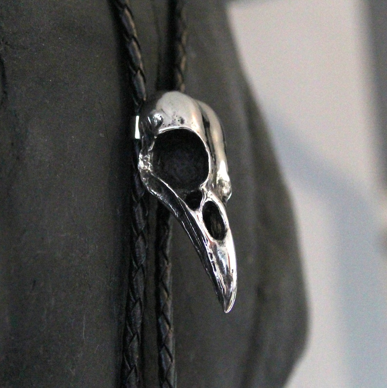 Silver Crow Bird Skull Bolo Tie Solid Cast Stainless Steel on Hand Braided Tie Unisex Suit Accessory Unique Gift for Him or Her image 5