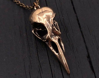 Raven Skull Charm Pendant Necklace - Solid Hand Cast Jeweler's Bronze - Polished Oxidised Finish - Unisex Corvid Bird Jewelry