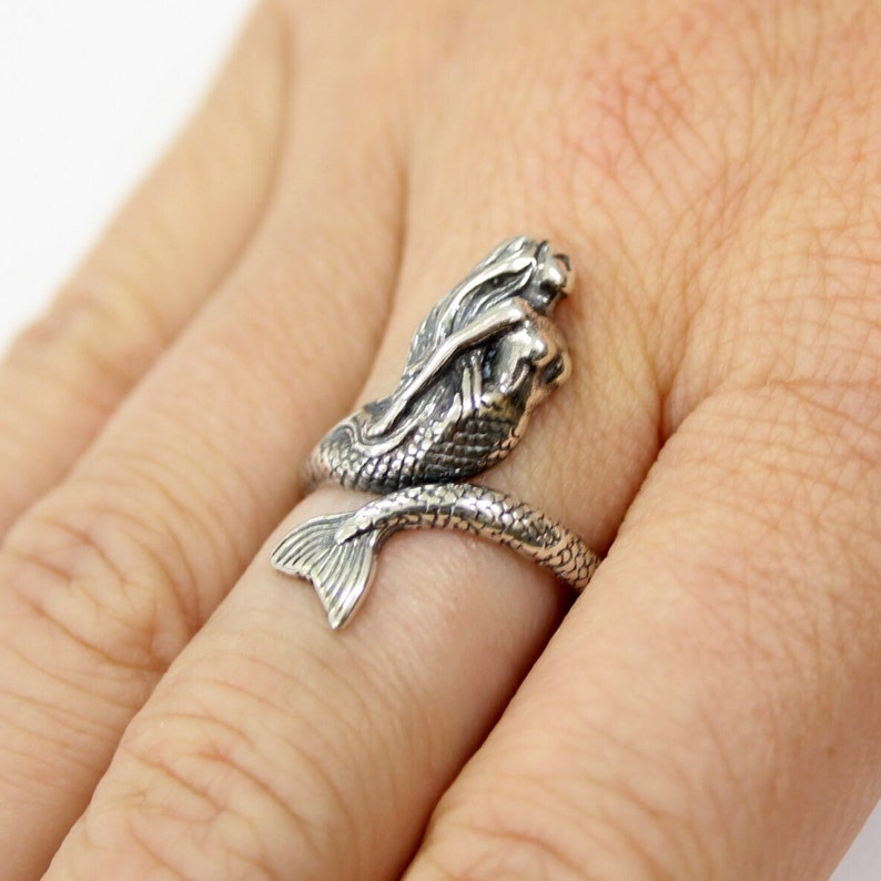 Mermaid Wrap Ring Solid Hand Cast Sterling Silver Polished Oxidized Finish Multiple Sizes Ocean Sailor Inspired Jewelry image 2