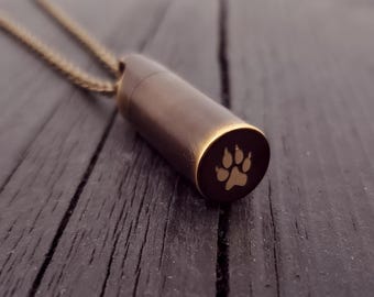 Dog Paw Print Cremation Urn Necklace - Solid Brass Pet Memorial - Custom Engraved