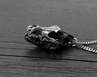 Grey Wolf Skull Pendant Necklace - Solid Sterling Silver - Dark Oxidized Finish