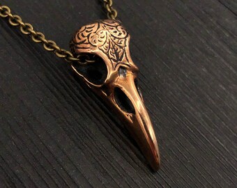 Raven Skull Pendant Necklace, Bronze, Engraved Floral Pattern (1.5" Long)