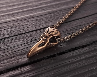 Ornate Victorian Raven Skull Charm Pendant Necklace , Solid Hand Cast Bronze