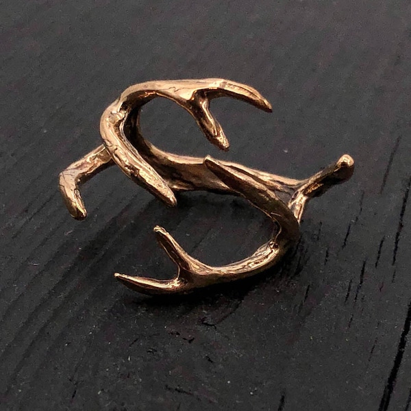 Deer Antler Wrap Ring in Solid Jewelers Bronze with Polished Oxidized Finish - Sizes 4 to 11 - Unisex Woodland Animal Statement Ring Gift