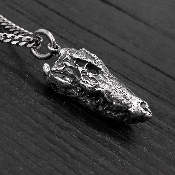 Crocodile Skull Charm Pendant Necklace - Solid Sterling Silver - Rare Unique Statement Gift for Croc Lover -  Crocodilian Jewelry