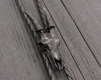 Black Goat Skull Bolo Tie - Hand Cast Onyx Resin - Black Braided Chord with Silver Tips - Unique Ram Skull Suit Accessory - Gift for Dad