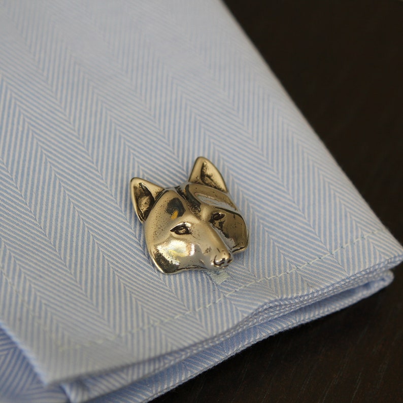 Silver Wolf Face Cuff Links Solid Hand Cast Silver Plated White Bronze Men's French Cuff Suit Accessory Jewelry image 3