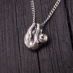 Baby Sloth Charm Pendant Necklace - Solid Cast 925 Sterling Silver - Three Dimensional Polished Oxidized Finish - Multiple Chain Options