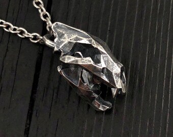 Faceted Bear Skull Necklace - Solid Hand Cast Silver Plated Bronze - Three Dimensional Detail Grizzly Skull - Multiple Chain Lengths