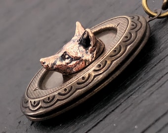 Antique Brass Victorian Fox Folding Locket Pendant Necklace - Memory Keepsake Photo Locket