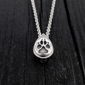 Dog Paw Print Tear Drop Cremation Ash Urn Necklace - Sterling Silver on Stainless Steel - Custom Engraved Personalised Mourning Pet Urn