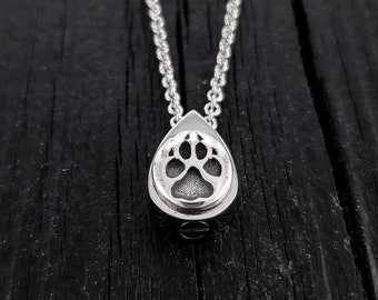 Dog Paw Print Tear Drop Cremation Ash Urn Necklace - Sterling Silver on Stainless Steel - Custom Engraved Personalised Mourning Pet Urn