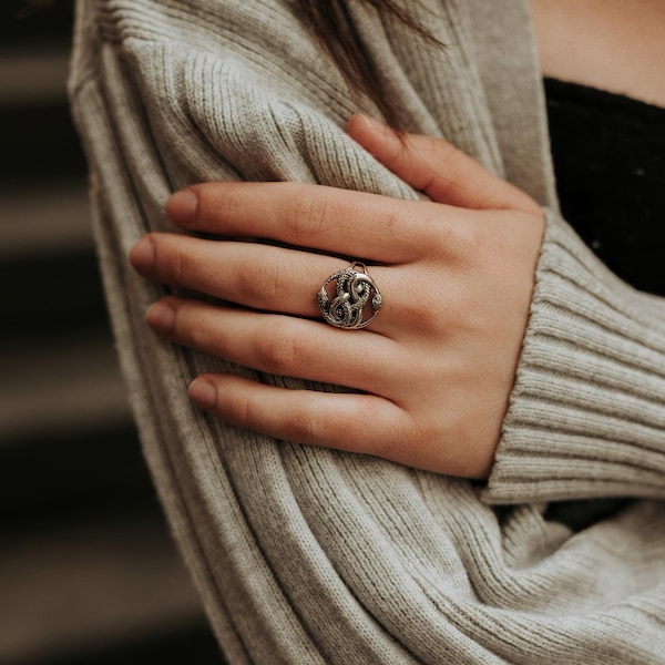 Auryn Snake Ring - .925 Sterling Silver - Polished Oxidized Finish - Adjustable Band - Ouroboros Jewelry Gift