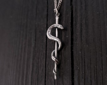 Rod Of Asclepius Pendant Necklace -Solid Hand Cast 925 Sterling Silver - Staff of Aesculapius - Medical First Responder Unisex Jewelry Gift