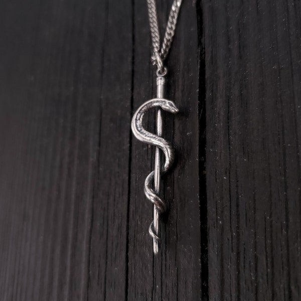 Collier pendentif Rod Of Asclepius - Solid Hand Cast 925 Sterling Silver - Staff of Aesculapius - Medical First Responder Unisex Jewelry Gift