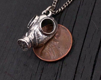 Tiny Gas Mask Necklace in Solid Sterling Silver Steampunk Gas Mask Pendant