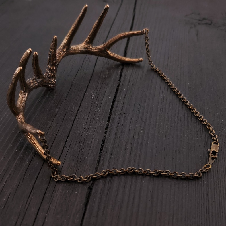 Unique Deer Stag Statement Piece Polished Oxidised Finish Antler Choker Necklace Solid Hand Cast Jewelers Bronze Three Dimensional