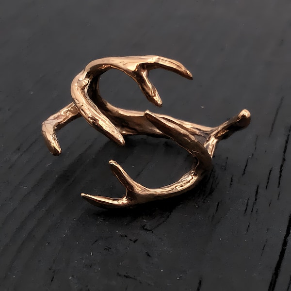 Bronze Deer Antler Wrap Ring, Woodland Nature Jewelry, Unisex Statement Band