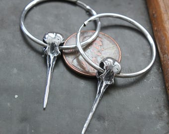 Solid Sterling Ruby Throated Hummingbird Skull Earrings – Minimalist Sterling Silver  Hoops, No Bail Design