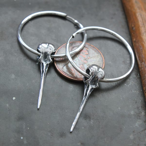 Solid Sterling Ruby Throated Hummingbird Skull Earrings – Minimalist Sterling Silver  Hoops, No Bail Design