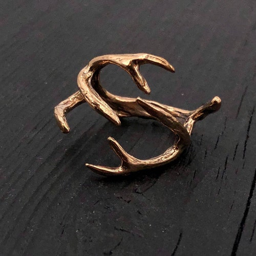 Deer Antler Wrap Ring - Solid Hand Cast Jewelers Bronze - Polished Oxidised Finish - Sizes 4 to 11 - Woodland Animal Statement Ring Gift