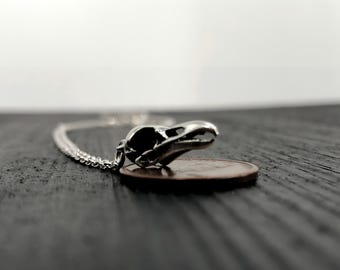 Tiny Raven Skull Charm Necklace-, Solid Hand Cast 925 Sterling Silver