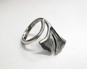 Ginkgo Leaf Wrap Ring - Solid Hand Cast Silver Plated White Bronze - Sizes 5.5 to 10