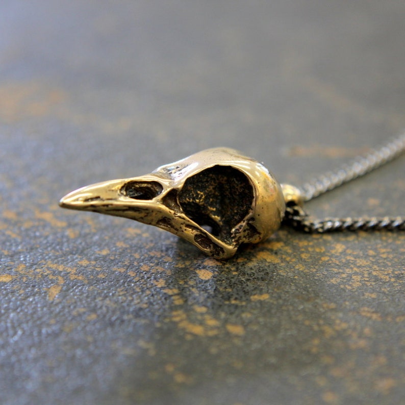 Crow Skull Charm Pendant Necklace Solid Cast Jewelers Bronze Unique Bird Skull Jewelry Gift for Bird Lover Multiple Chain Lengths image 4