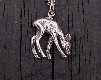 Deer Fawn Charm Pendant Necklace - Solid Hand Cast 925 Sterling Silver - Detailed Polished Finish - Multiple Chain Lengths Available