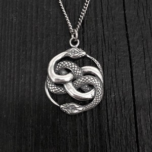 Auryn Double Ouroboros Charm Pendant Necklace - Solid Hand Cast .925 Sterling Silver - Polished Oxidised Finish - Multiple Chain Options