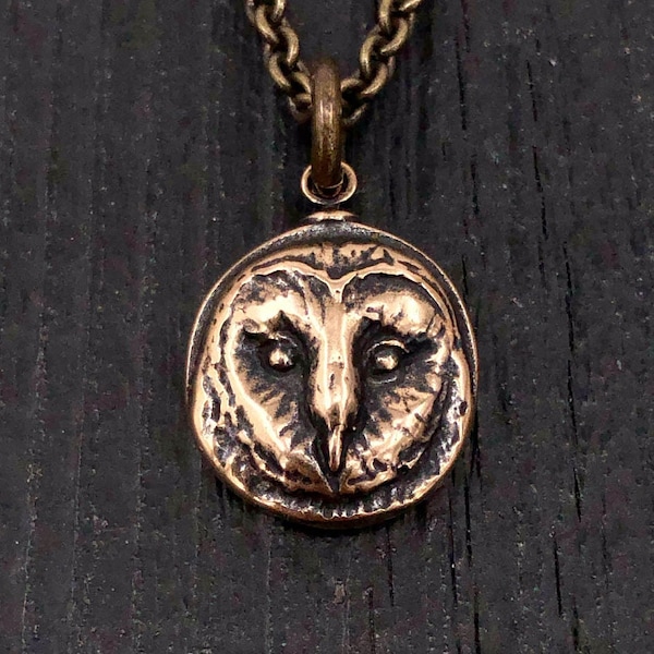 Collier de hibou Collier pendentif de visage de hibou de grange en tête de hibou de grange en bronze massif