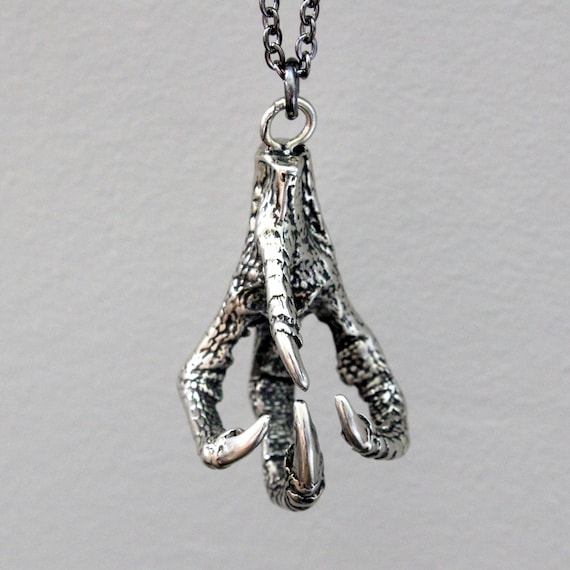 Bird Foot Pendant Statement Necklace Silver Chicken Claw Voodoo Talisman Solid Hand Cast Silver Plated White Bronze