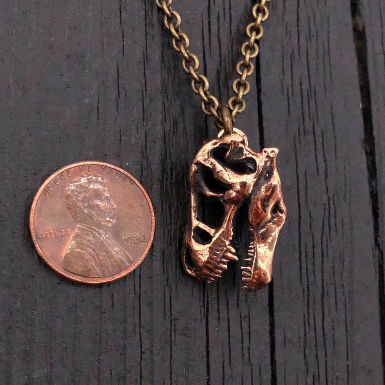 Bronze T-Rex Skull Necklace Dinosaur Jewelry Dino Pendant Tyrannosaurus Pendant Paleontologist Gift Archeology Jewelry Gold Dinosaurs image 7