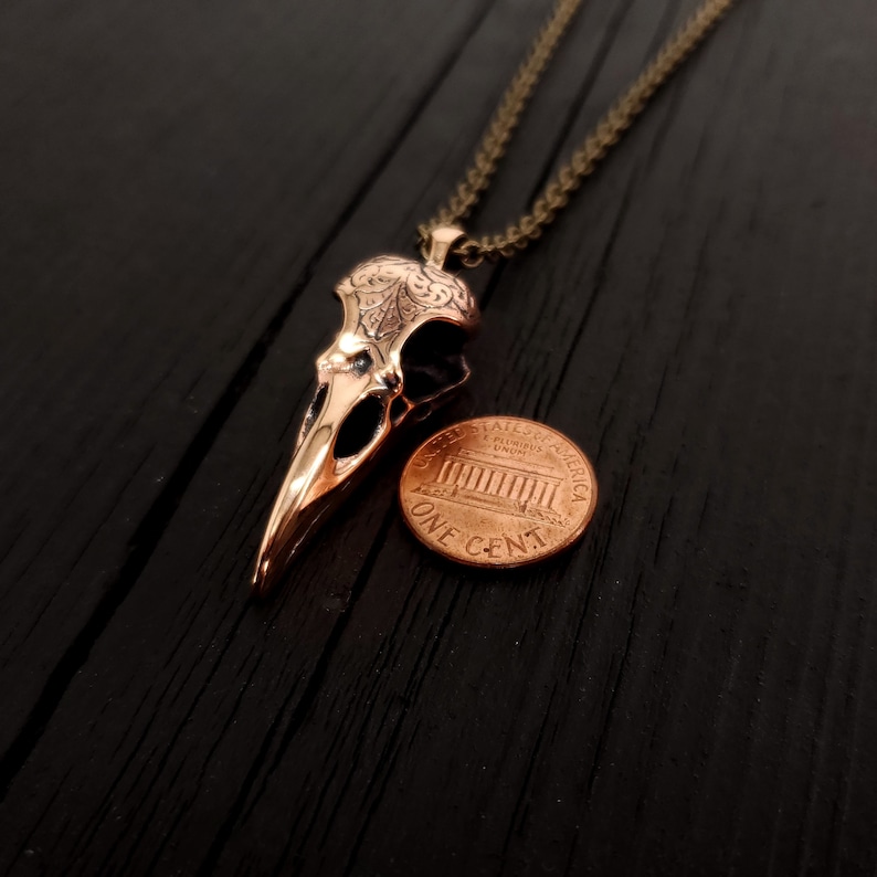 Engraved Raven Skull Pendant Necklace Solid Jewelers Bronze Polished Finish Three Dimensional Detail Multiple Chain Lengths image 3