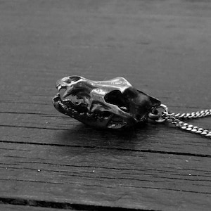 Grey Wolf Skull Pendant Necklace - Solid Sterling Silver - Dark Oxidized Finish