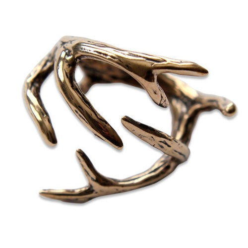Deer Antler Wrap Ring - Solid Hand Cast Jewelers Bronze - Polished Oxidised Finish - Sizes 4 to 11 - Woodland Animal Statement Ring Gift