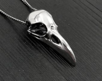 Raven Skull Necklace - Sterling Silver Pendant Jewelry - Detailed 3D Bird Skull