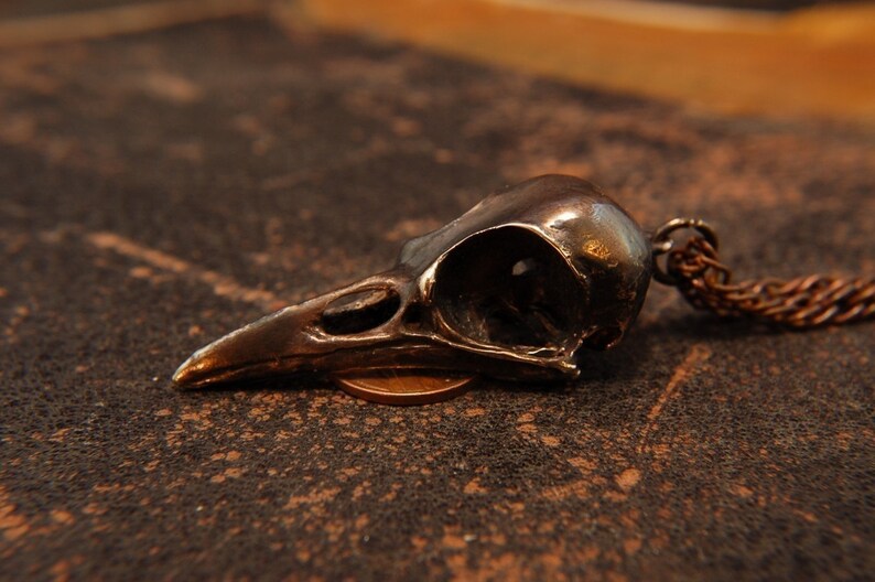 Raven Skull Necklace Aged Bronze Raven Skull Pendant Necklace Raven Skull Jewelry