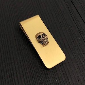 Clip para billetes de bronce con forma de calavera Clip para billetes de latón - Grabado personalizado gratuito disponible - Accesorio de joyería gótica para regalo de novio, boda o fiesta