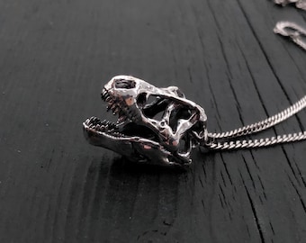 T-Rex Skull Necklace in Sterling Silver, Dinosaur Gift for Paleontology Lovers