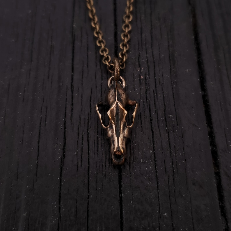 Tiny Grey Wolf Skull Charm Pendant Necklace - Solid Hand Cast Jewelers Bronze image 3