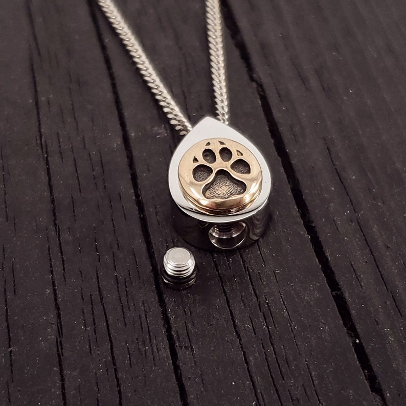 Dog Paw Print Tear Drop Cremation Ash Urn Necklace Solid Bronze on Stainless Steel Custom Engraved Personalised Mourning Pet Urn image 2