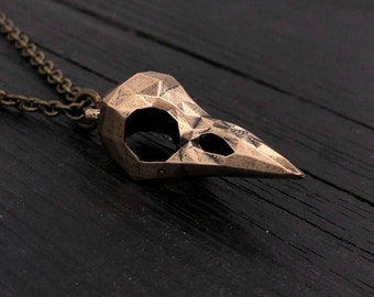 Faceted Raven Skull Necklace - Solid Hand Cast Bronze - Three Dimensional Detail Bird Skull - Multiple Chain Lengths Origami Bird Skull
