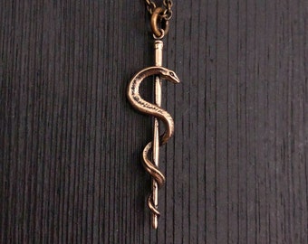 Rod Of Asclepius Pendant Necklace -Solid Hand Cast Bronze - Staff of Aesculapius - Medical First Responder Unisex Jewelry Gift
