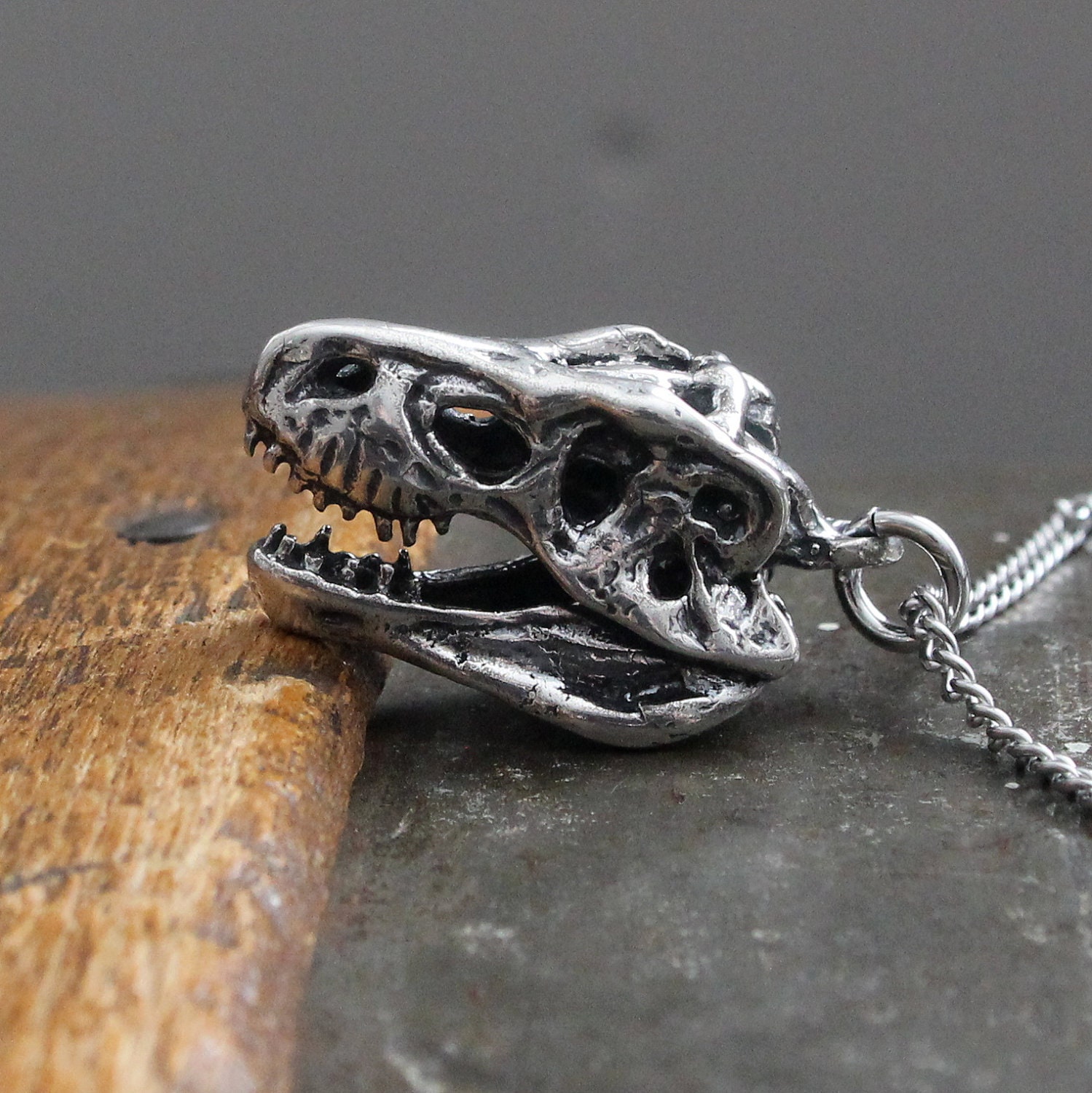 Silver T Rex Skull Pendant Necklace In Solid Hand Cast