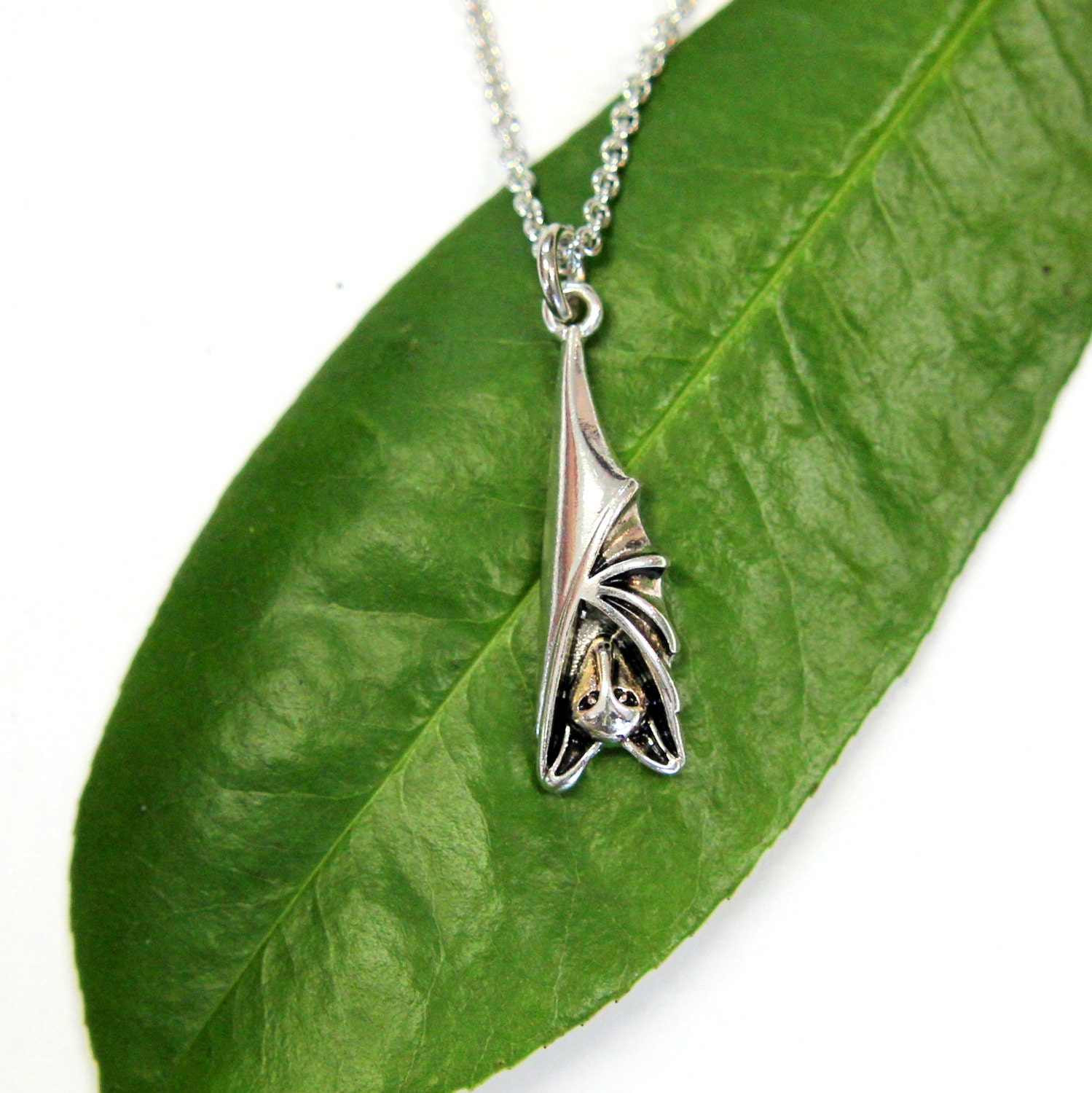 Sterling Silver Hanging Bat Necklace Roosting Bat Charm Etsy